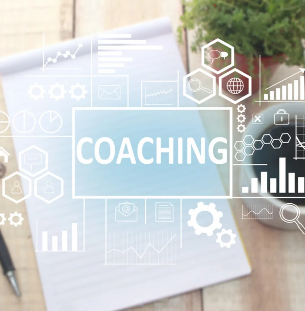 Leverage your experience | Graphic with 'coaching' overlaid above statistics.